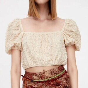 NEW Zara Cotton Blend Gauzy Textured Square Neck Puff Sleeves Crop Top Cream L